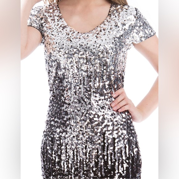 MANER  Sequin Glitter Short Sleeve Dress  V Neck Mini Party Club Bodycon Dress - Picture 3 of 16